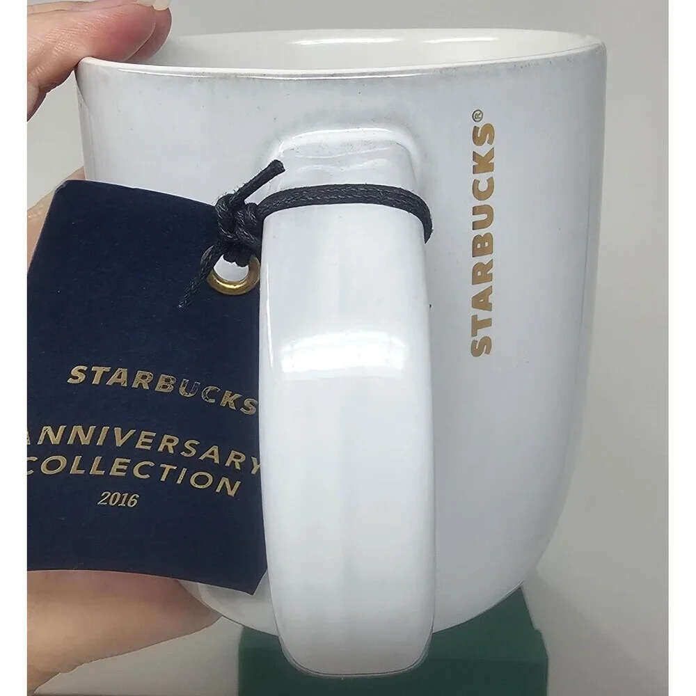 Starbucks Anniversary White Gold Crown Siren Ceramic Handle Mug 14oz 2016 NIB
